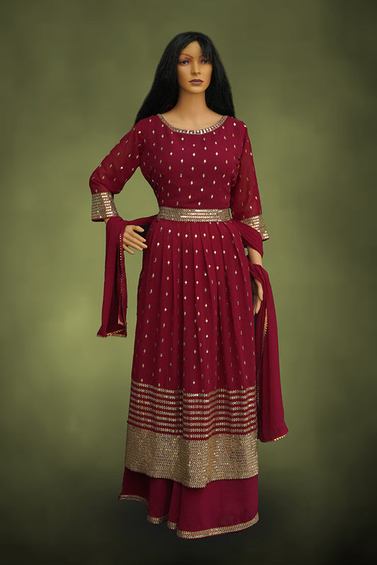 Cherry Red Naira-cut Chudidar with Palazzo styled pant