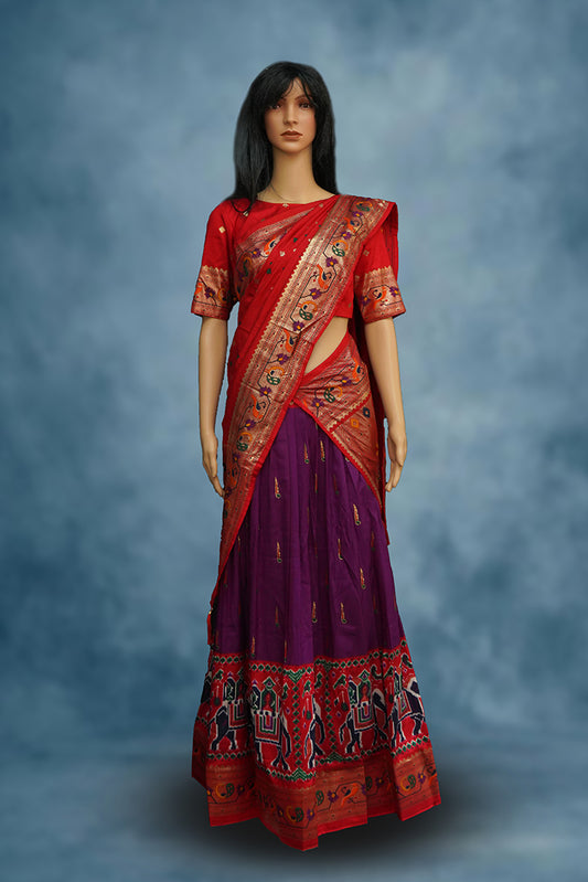 Patola Crop Top Set / Half Saree in Maroon and Red