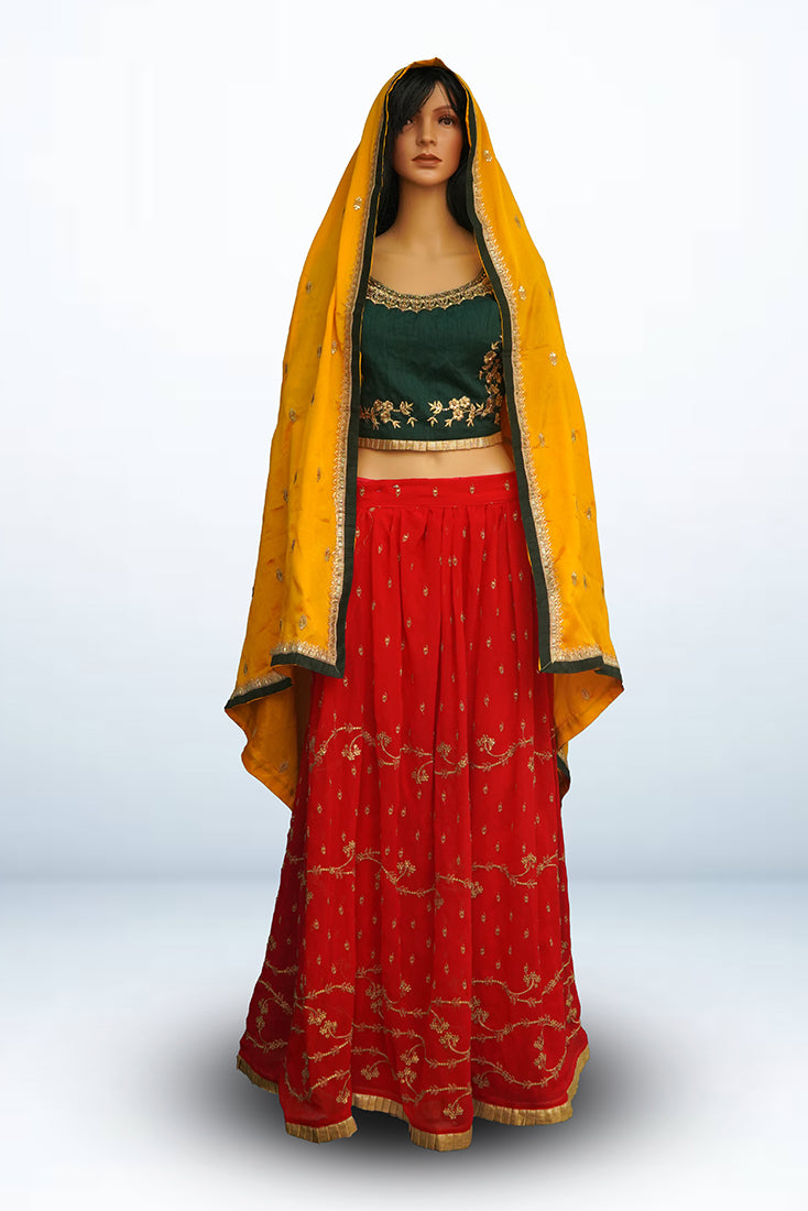 Red and Green Crop Top Set in Raw Silk