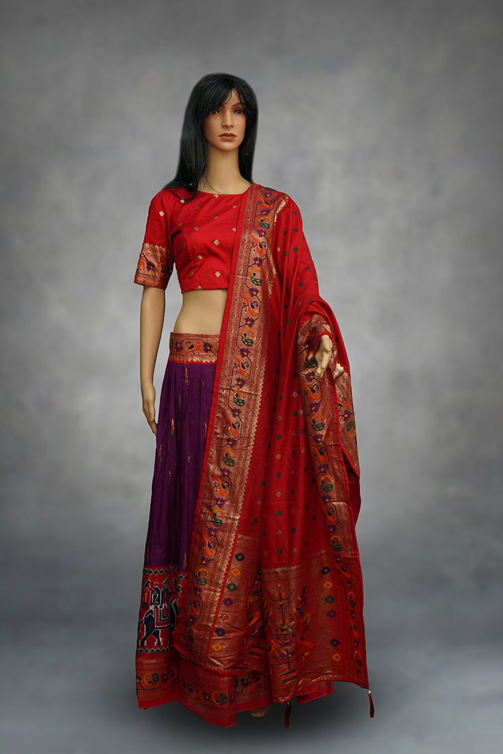 Patola Crop Top Set / Half Saree in Maroon and Red