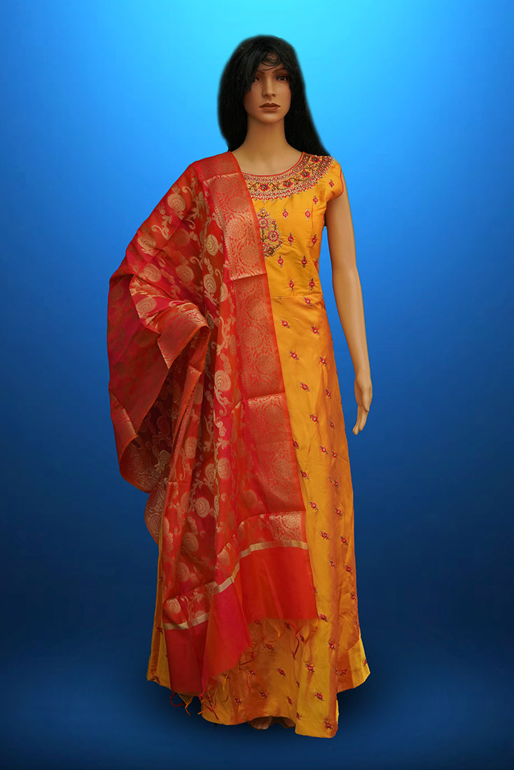 Raw Silk Long frock / Chudidar Set in Golden Yellow