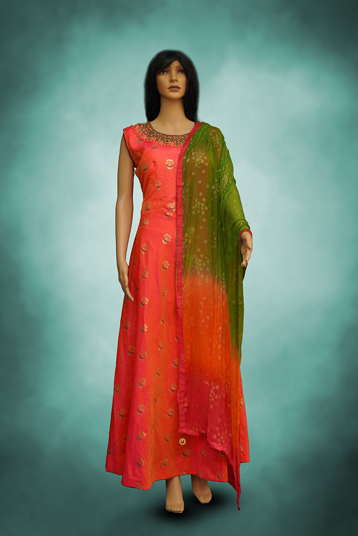 Raw Silk Long frock / Chudidar Set in Pink