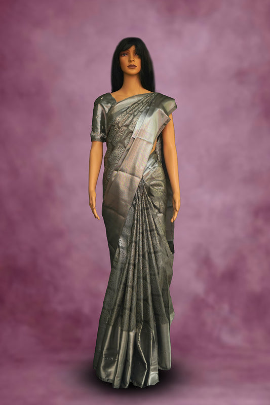 Kancheepuram Silk Saree in Dark Grey