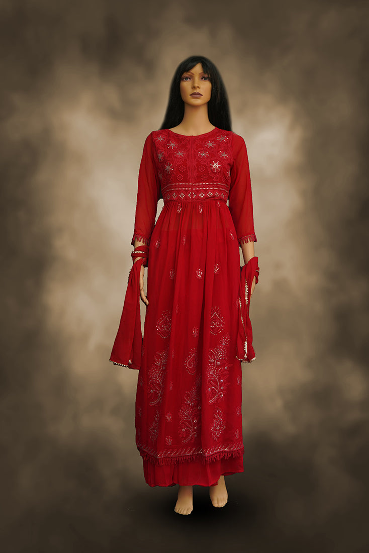 Tomato Red Naira-cut Chudidar Set in Georgette