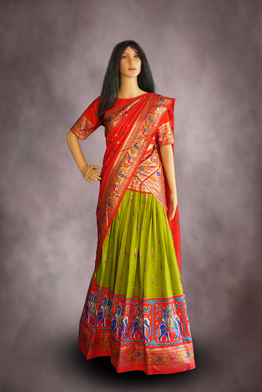 Silk Crop top set / half saree in Green and Red