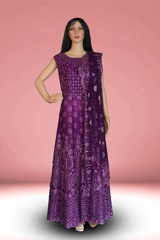 Wine Purple Long Frock - Netted with Satin Lining