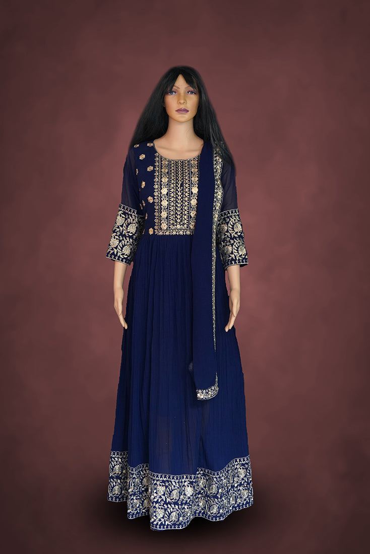 Prussian Blue Chiffon Long Frock / Chudidar