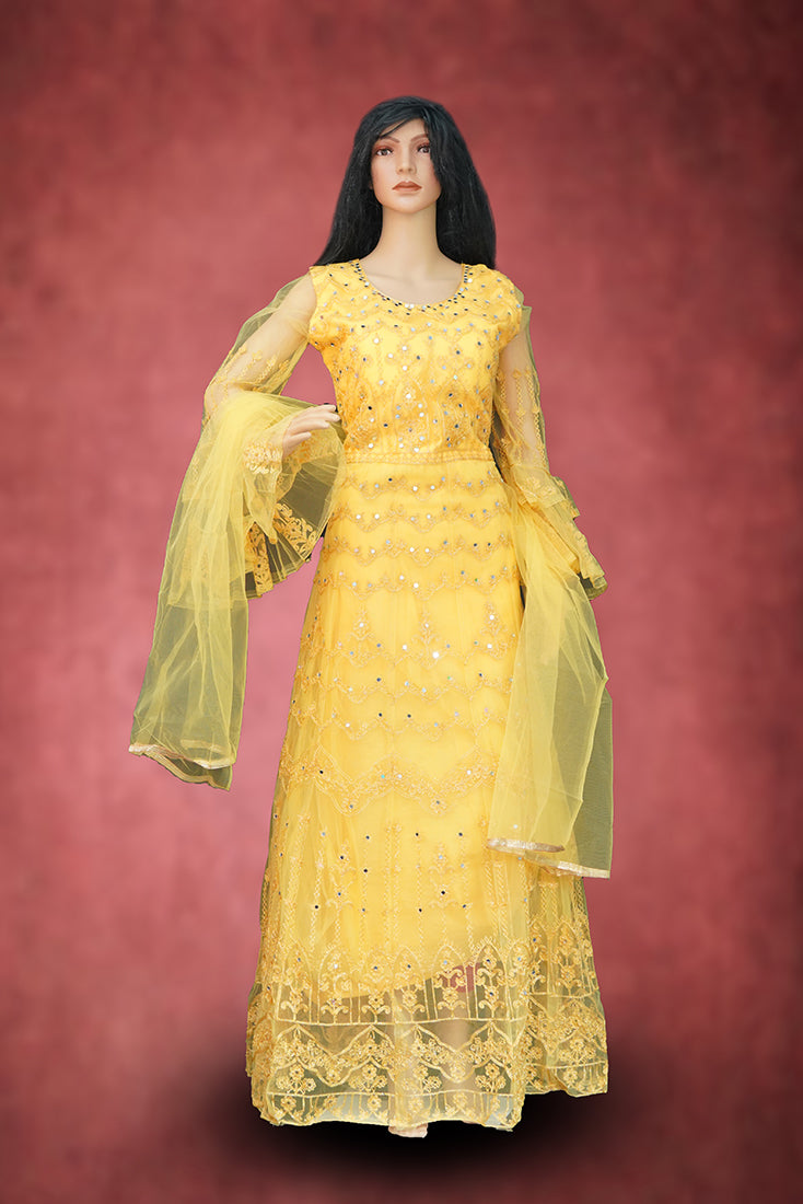 Daffodil Yellow in Soft Netted Long frock / Chudidar Set