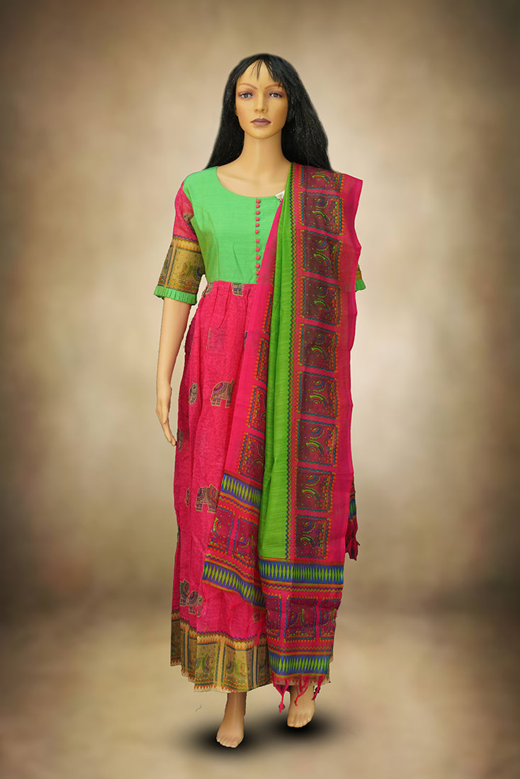 Cotton Long frock / Chudidar Set in Green and Pink (Medium)