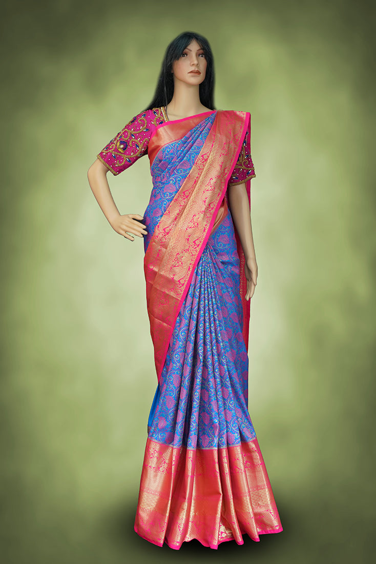 Kancheepuram Silk Saree in Blue and Pink