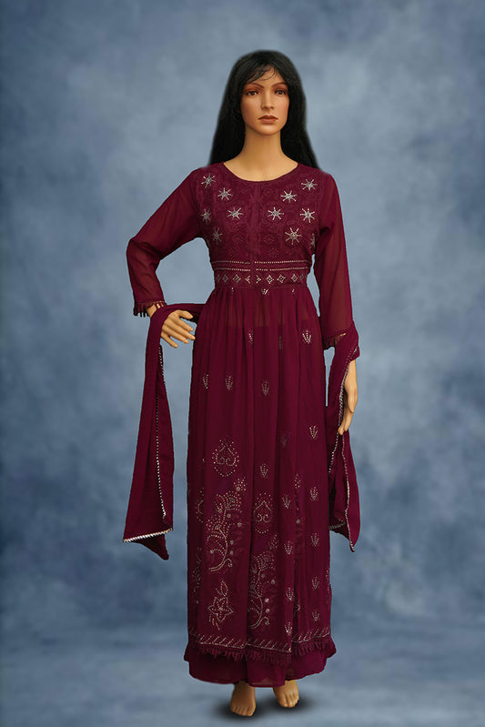 Maroon Naira-cut Chudidar Set in Georgette