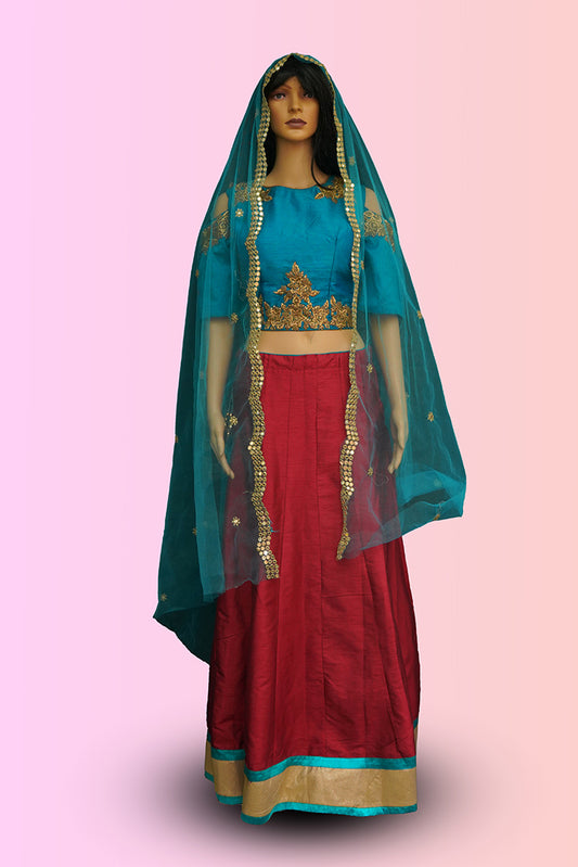 Raw Silk Crop Top Set in Red and Blue