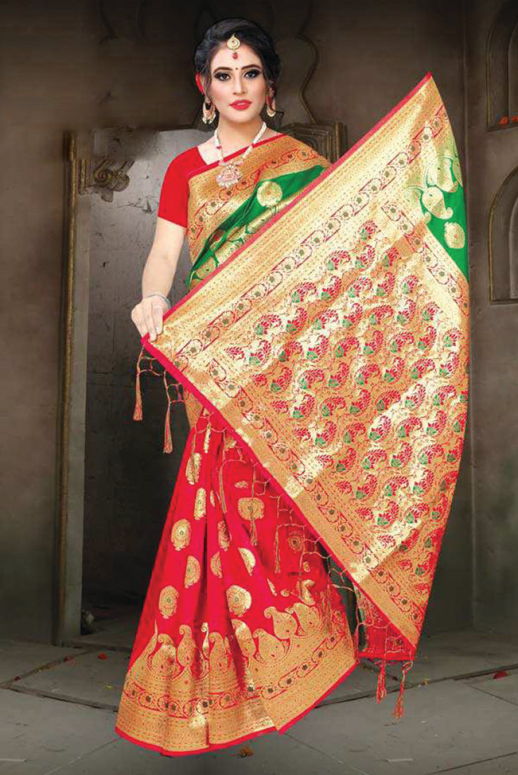 Banarasi Gudiya Saree in Green and Red