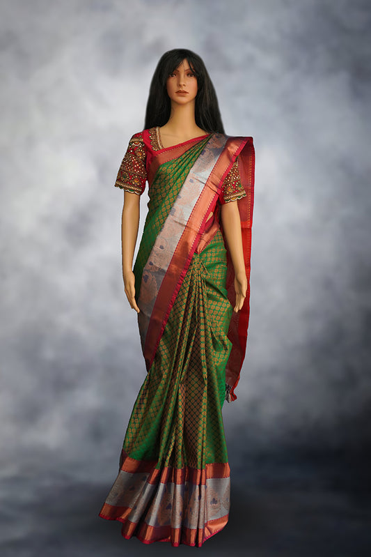 Kancheepuram Silk Saree in Green with Copper and Silver border