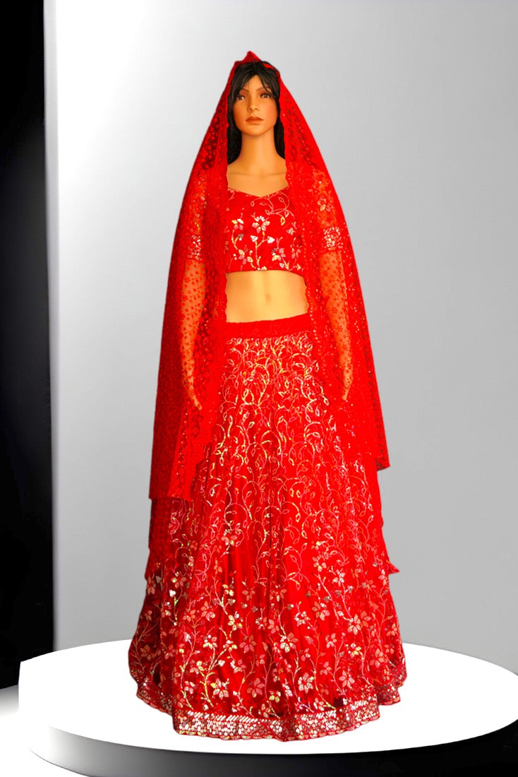 Bright Red Crop Top Set / Half Saree