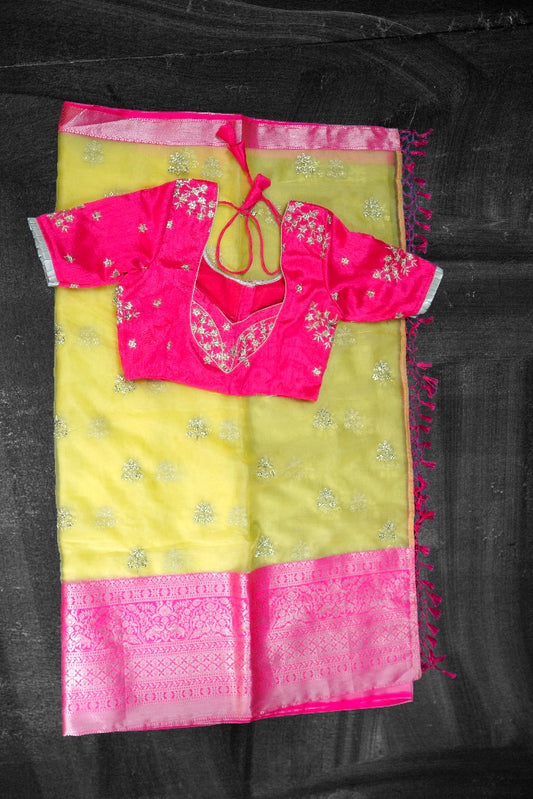 Organza Fancy Saree in Pastel Yellow