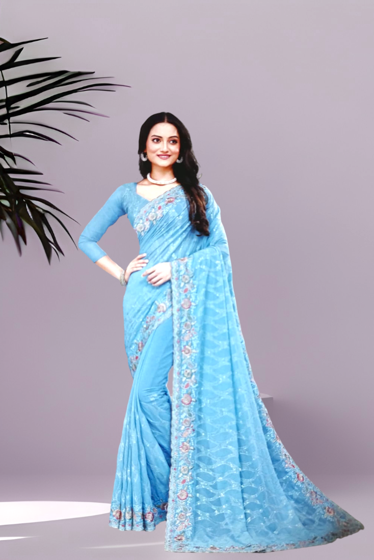 Georgette Lehariya Work Saree in Pastel Blue