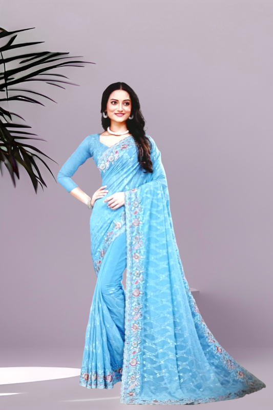 Georgette Lehariya Work Saree in Pastel Blue