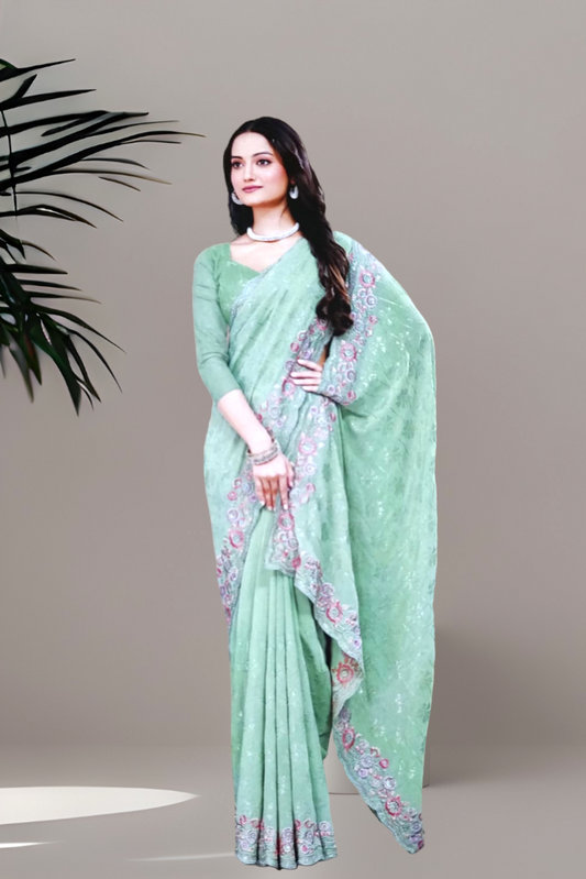 Georgette Work Saree in Pastel Green