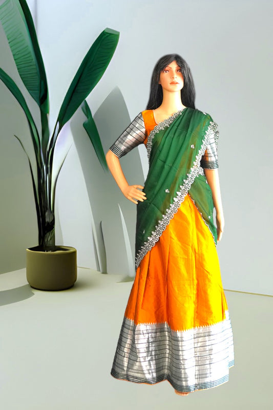 Narayanpet Silk Crop Top Set / Half Saree in Green and Mustard Yellow