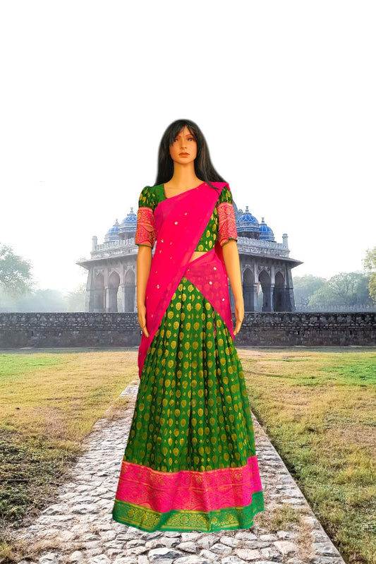 Green & Pink Half Saree Set in Banarasi Silk