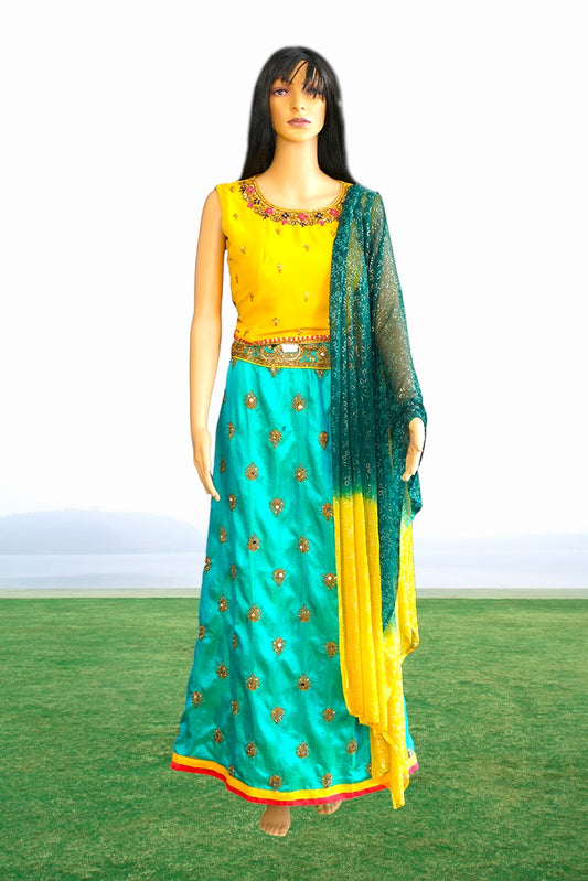 Raw Silk Crop Top Set in Turquoise Green and Yellow