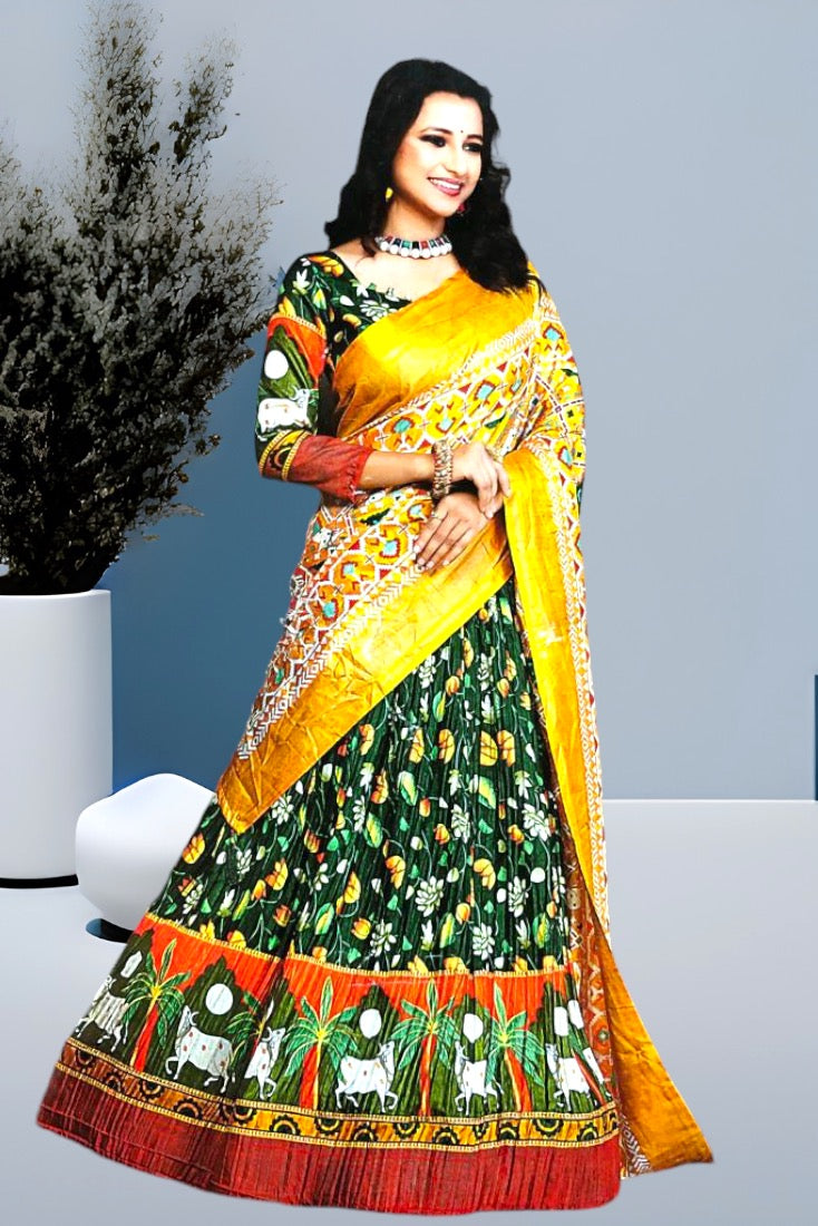 Patola Silk Half saree in Yellow and Green