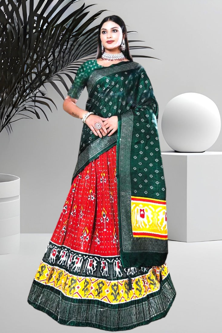 Patola Crop Top Set/Half Saree in Tomato Red and Green