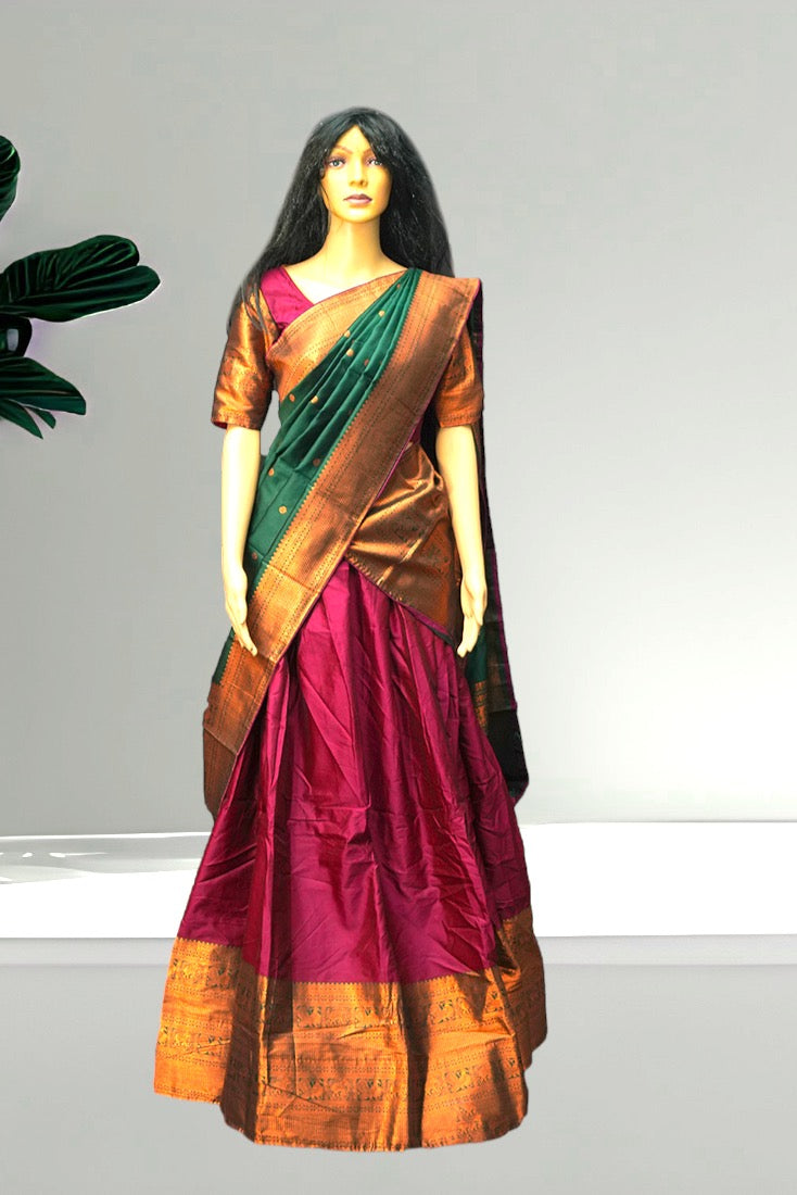 Narayanpet Silk Crop Top Set / Half Saree in Maroon and Green