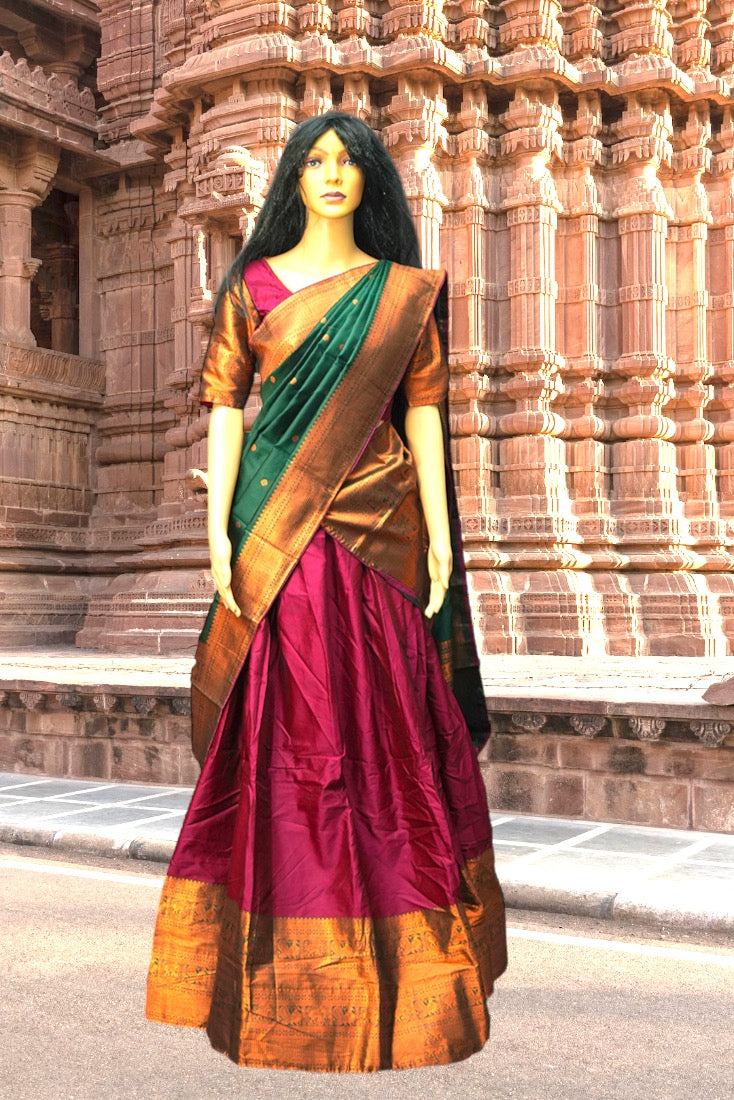 Narayanpet Silk Crop Top Set / Half Saree in Maroon and Green