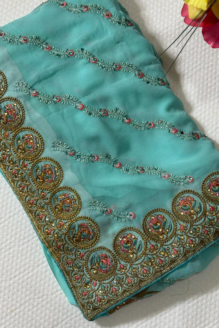 Georgette Work Saree in Aqua