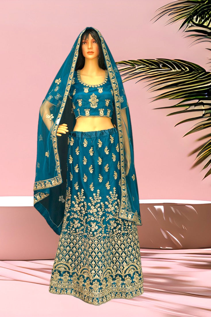 Peacock Blue Crop Top Set / Half Saree