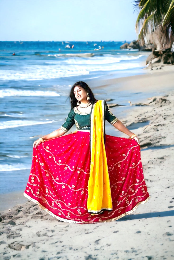 Red and Green Crop Top Set in Raw Silk