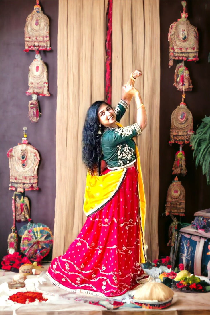 Red and Green Crop Top Set in Raw Silk