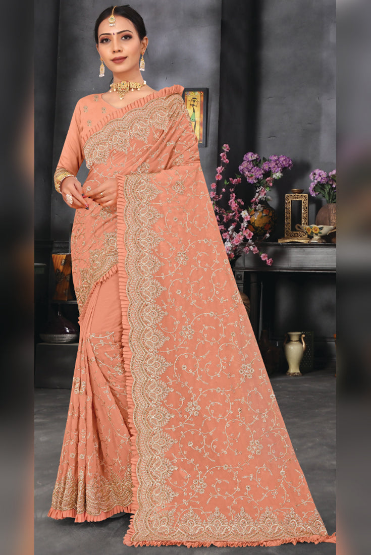 Georgette Ruffled Designer Work Saree in Peach