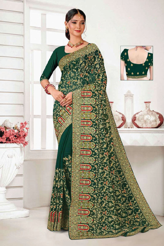 Heavy Work Blooming Georgette Saree in Green