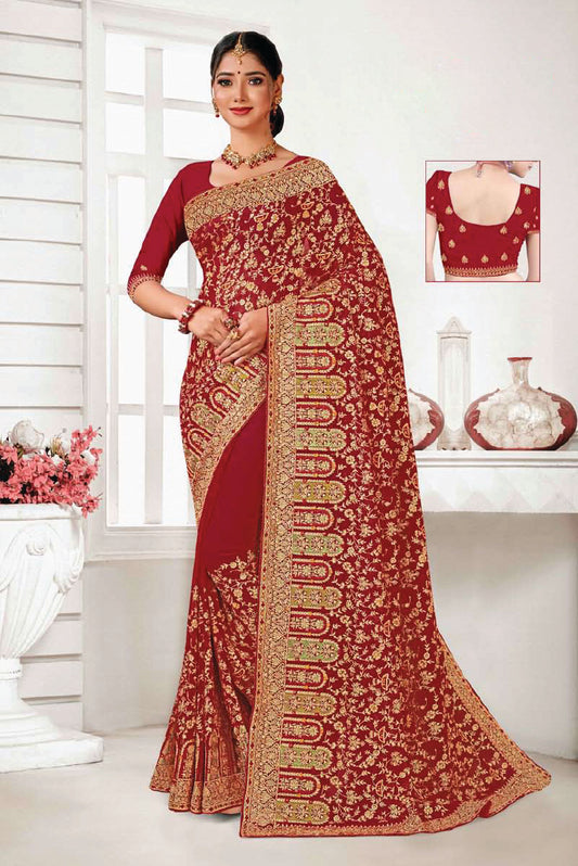 Heavy Work Blooming Georgette Saree in Red