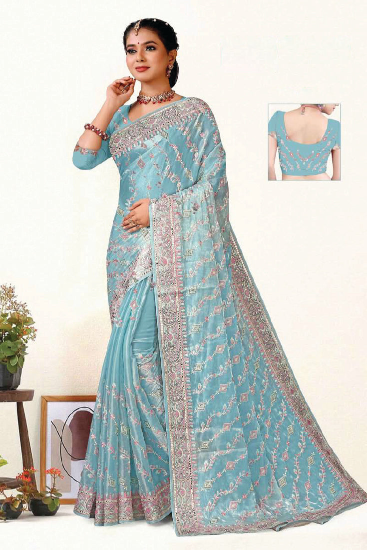 Jimmy Choo Heavy embroidery work saree in pastel blue