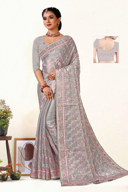 Jimmy Choo Heavy embroidery work saree in shimmer grey