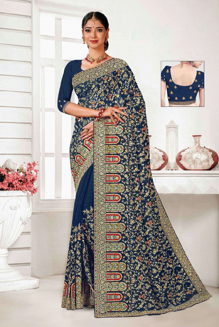 Heavy Work Blooming Georgette Saree in Royal Blue