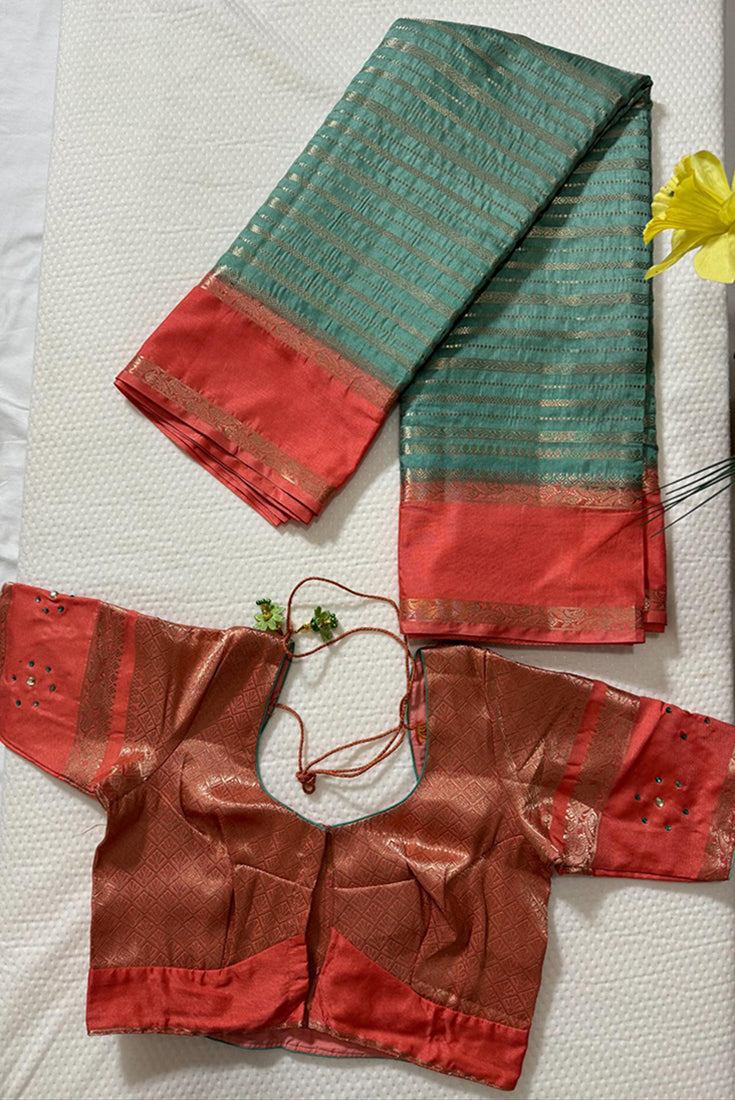 Dola Silk Saree with Gap Border in Teal