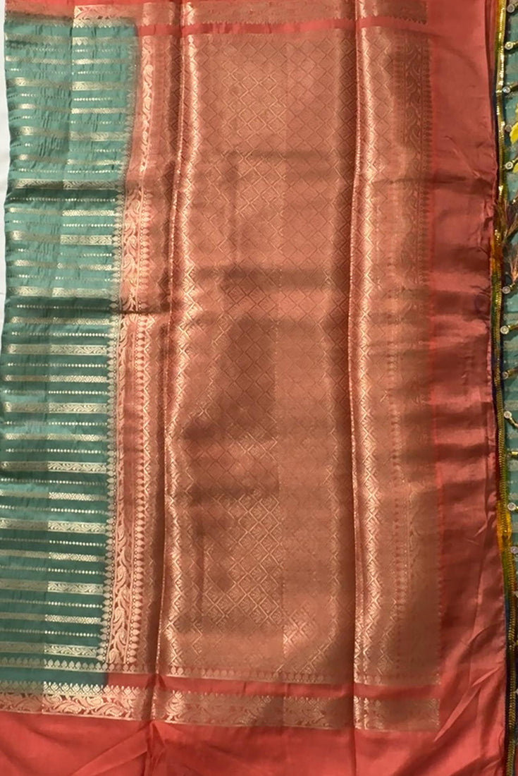 Dola Silk Saree with Gap Border in Teal