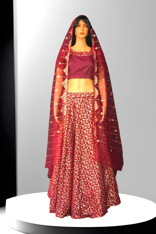 Banarasi Silk Crop Top Set / Half Saree in Wine Purple