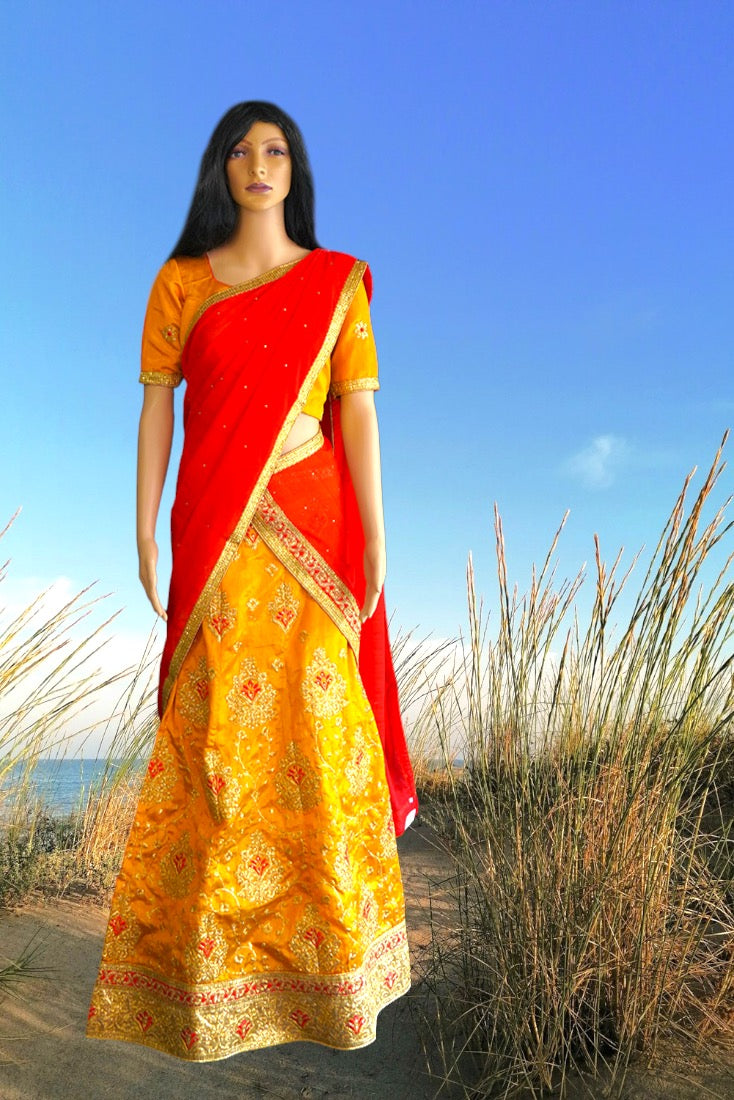 Raw Silk Crop Top Set/Half Saree in Red and Golden Yellow